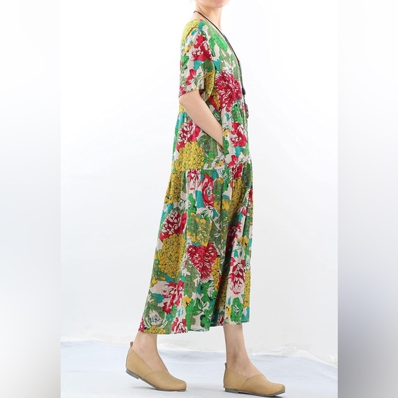 Beautiful 100% Cotton Yesno Colorful Floral Print Flowy Modest Maxi Dress - Picture 2 of 10